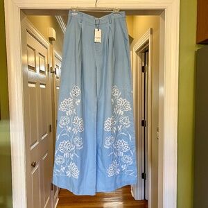 $238 NWT Allison New York Hutton Wide Leg Embroidered Pant Light Blue Size 6